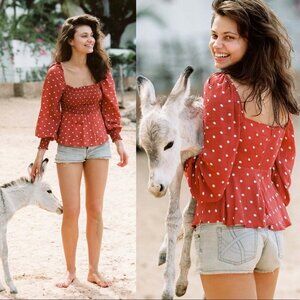 Revolve Auguste The Label Polly Sunday Top Red Polka Dot Puff Sleeve Square Boho